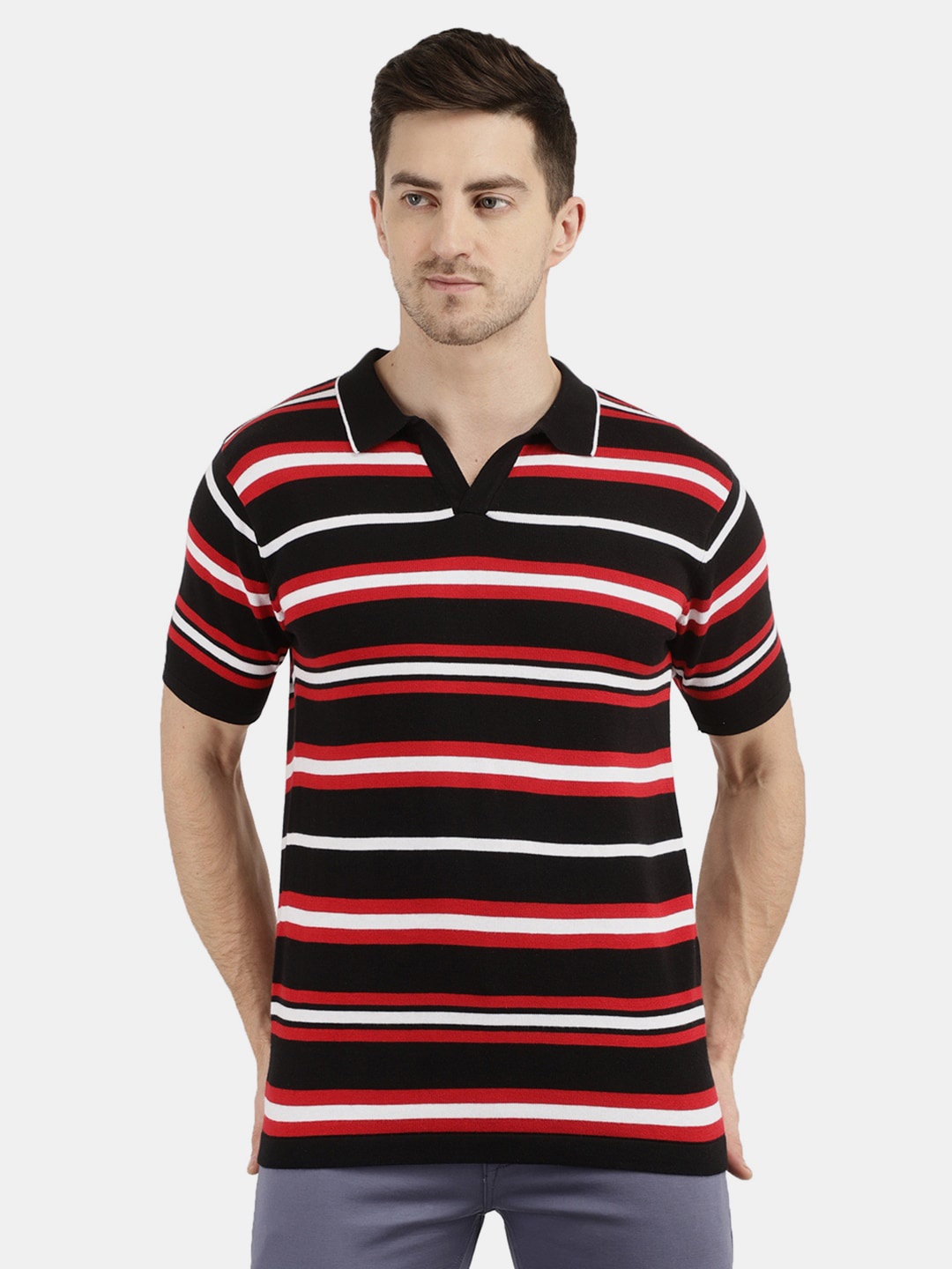 

V-Mart Men Black & Red Striped Polo Collar Slim Fit Cotton T-shirt