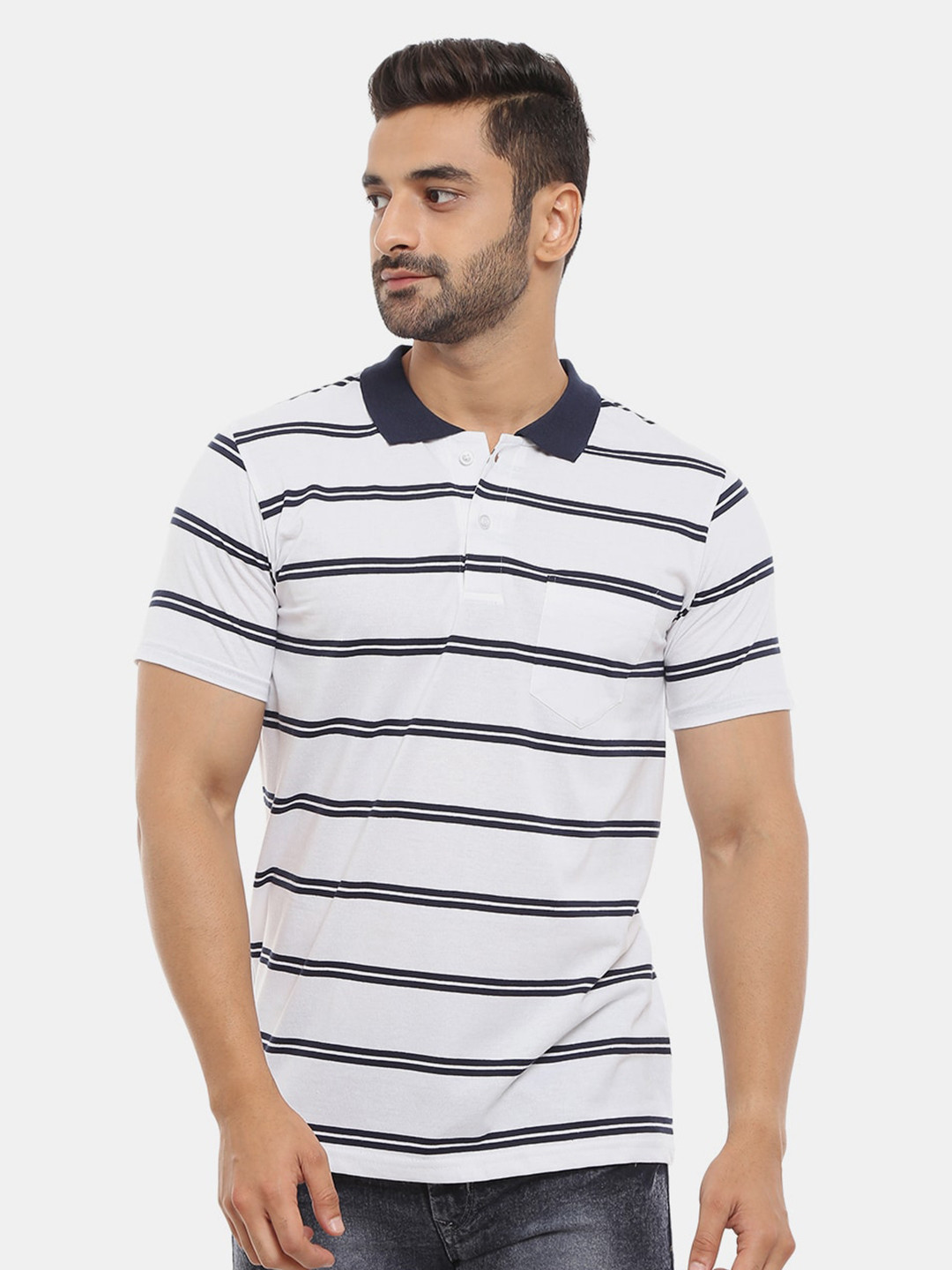 

V-Mart Men White & Navy Blue Striped Polo Collar Slim Fit Cotton T-shirt