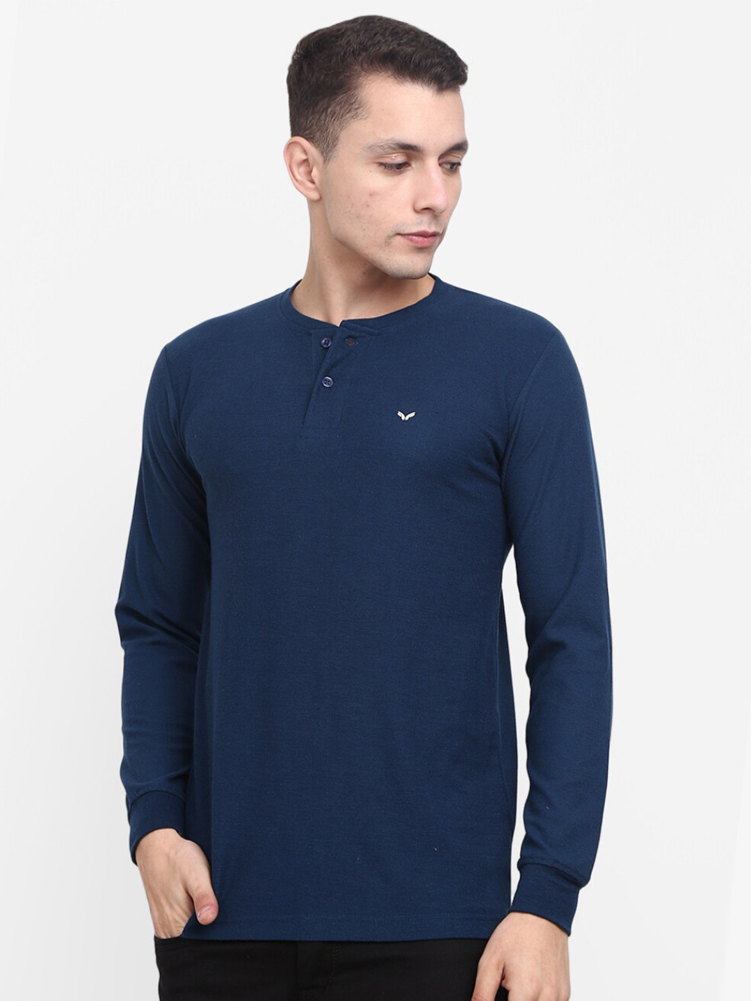 

V-Mart Men Navy Blue Henley Neck Slim Fit Cotton T-shirt