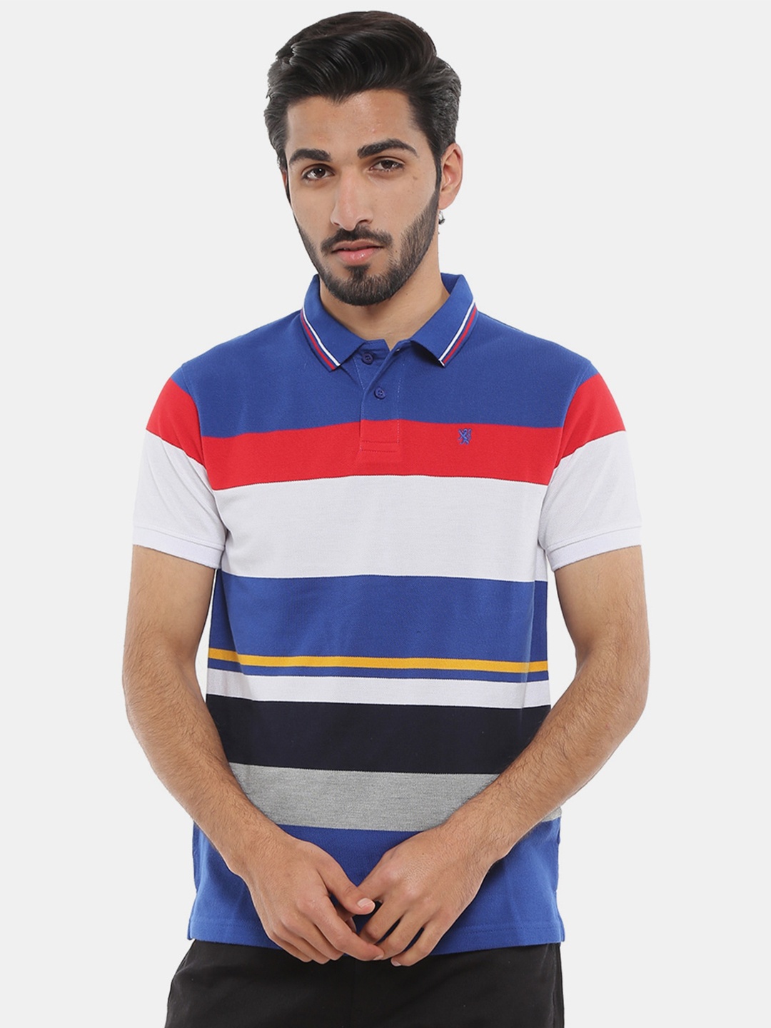 

V-Mart Men Blue & Red Striped Polo Collar Slim Fit Cotton T-shirt