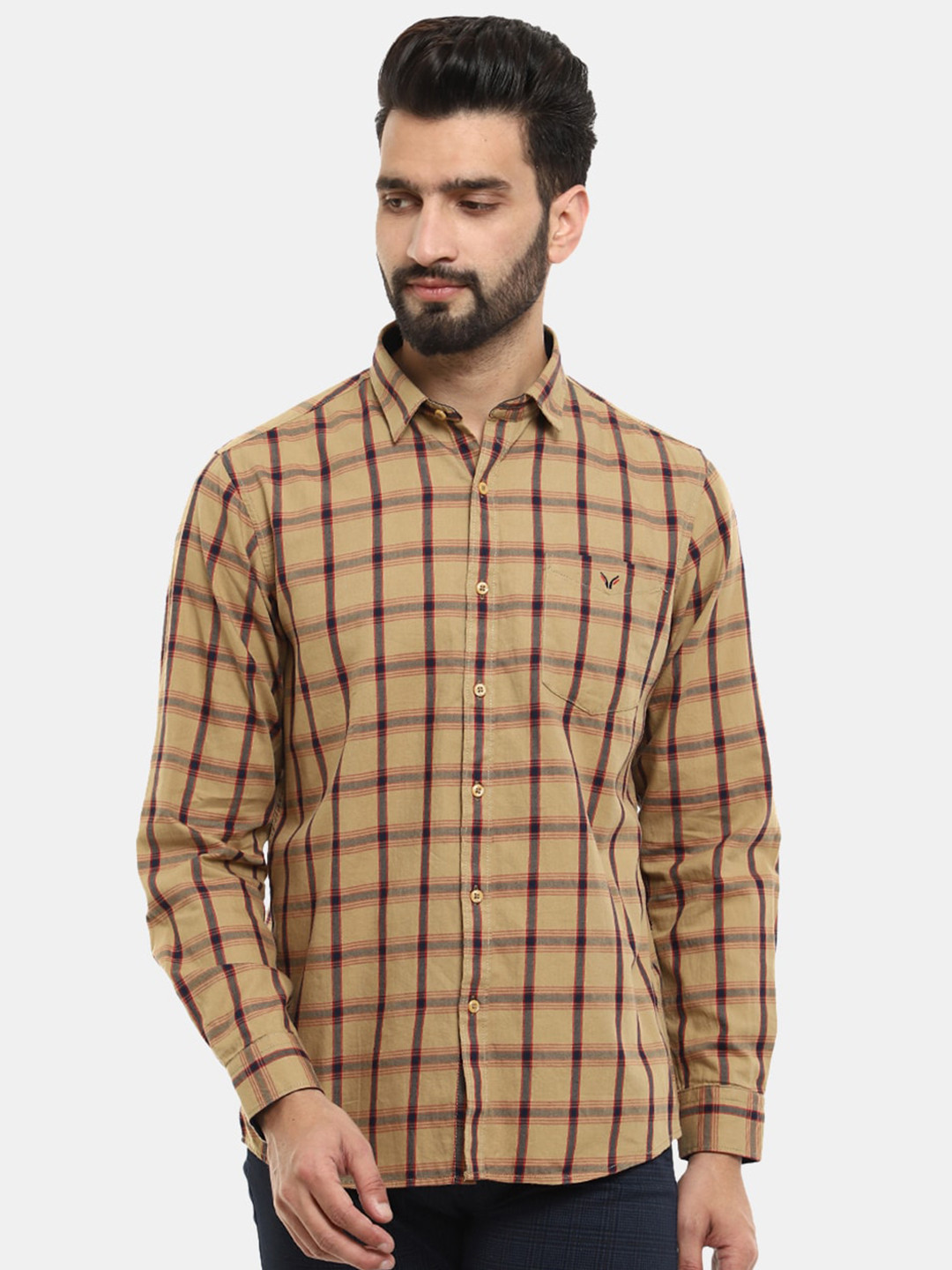 

V-Mart Men Checked Casual Cotton Shirt, Khaki