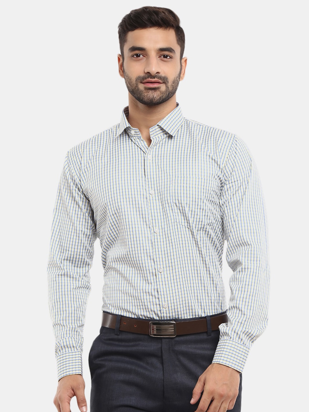 

V-Mart Men Checked Formal Cotton Shirt, Yellow