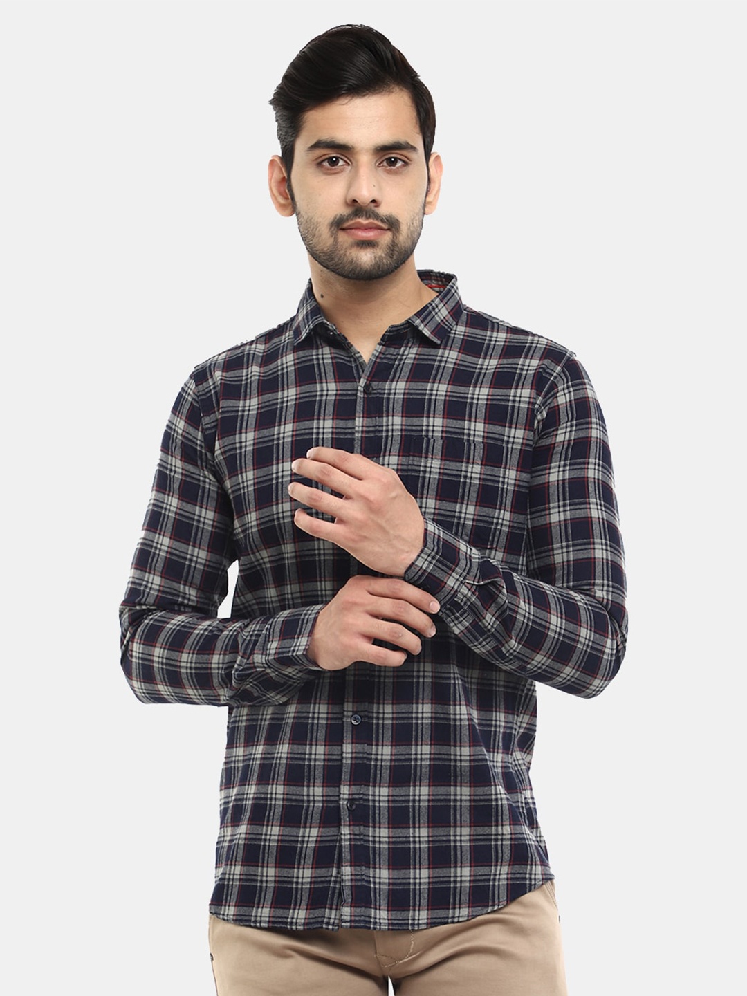 

V-Mart Men Tartan Checks Casual Cotton Shirt, Grey