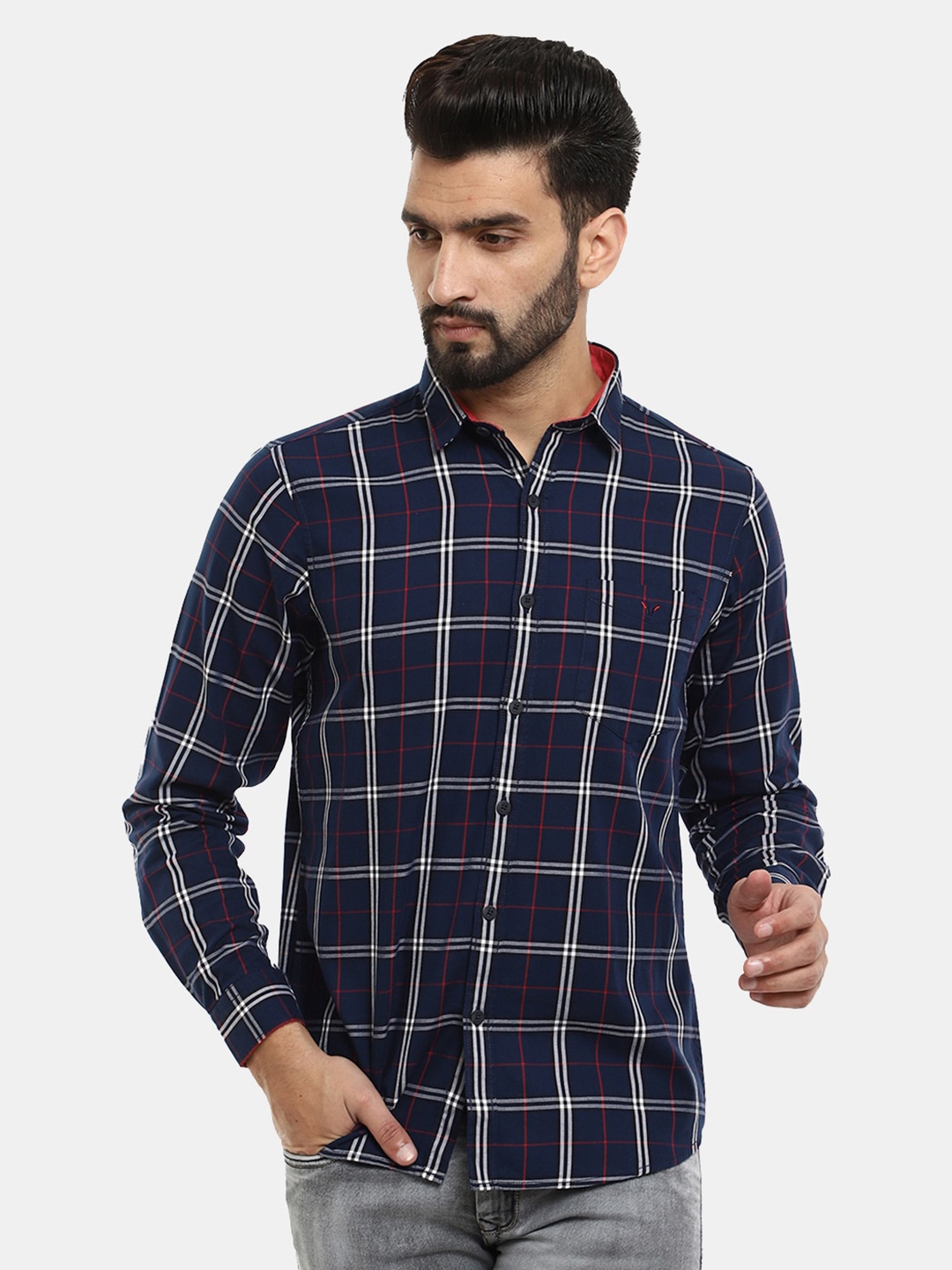 

V-Mart Men Tartan Checks Casual Cotton Shirt, Navy blue