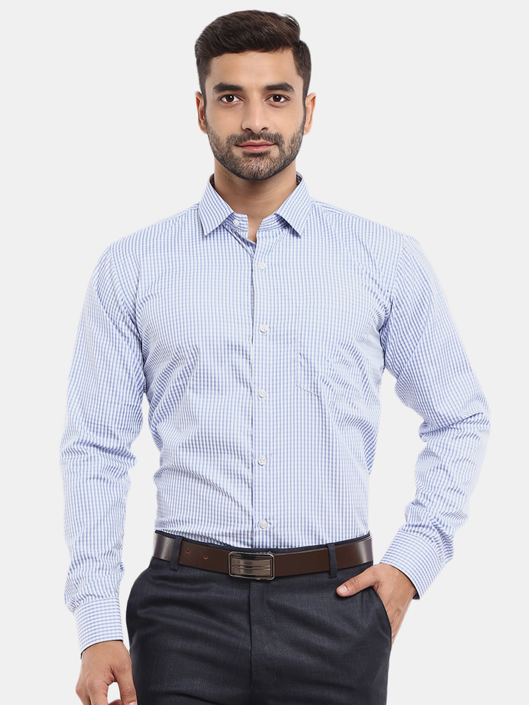 

J White by Vmart Men Blue Cotton Micro Checks Checked Formal Shirt