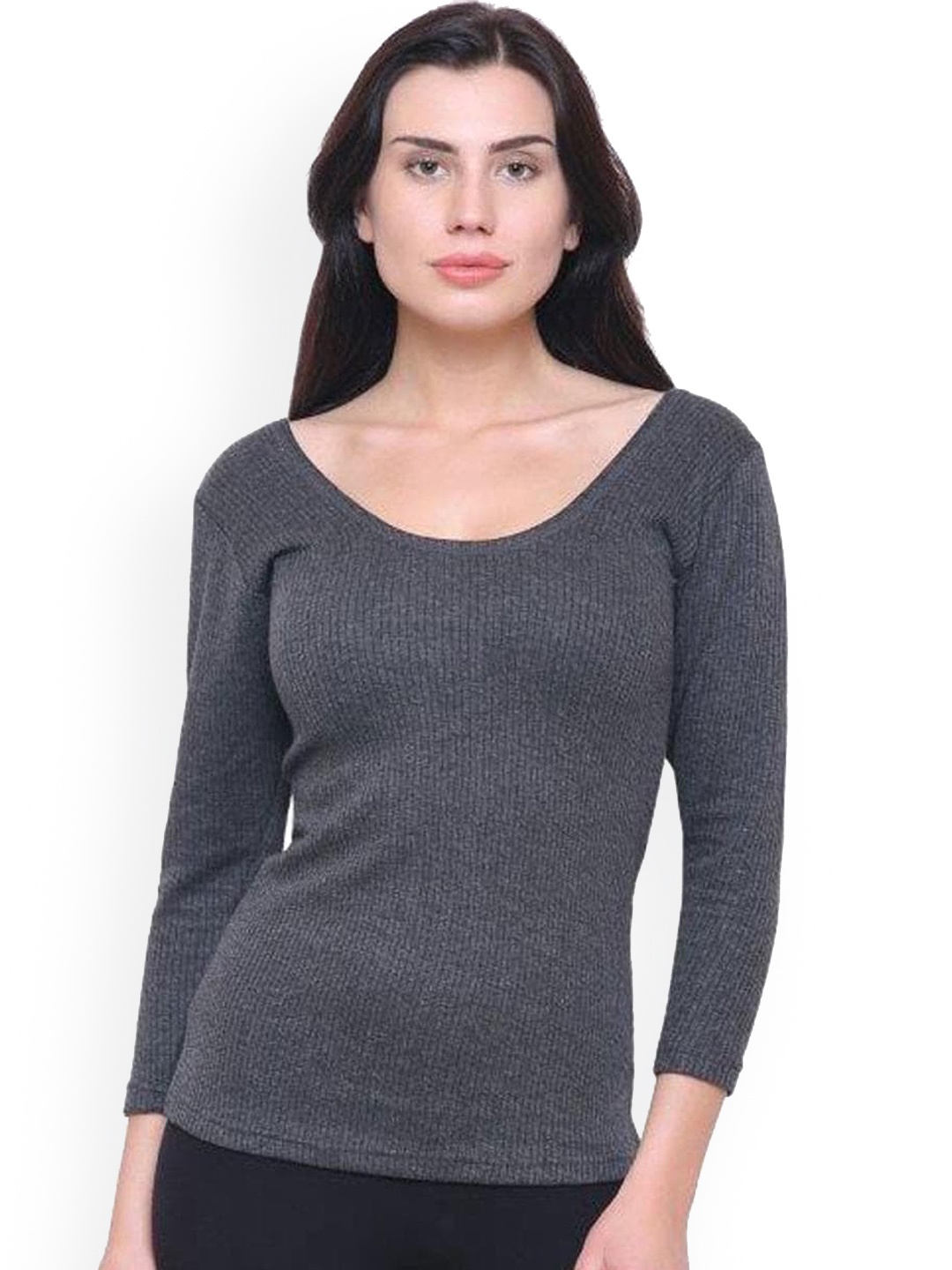 

BODYCARE INSIDER Women Plus Size Charcoal Melange Striped Ribbed Thermal Top