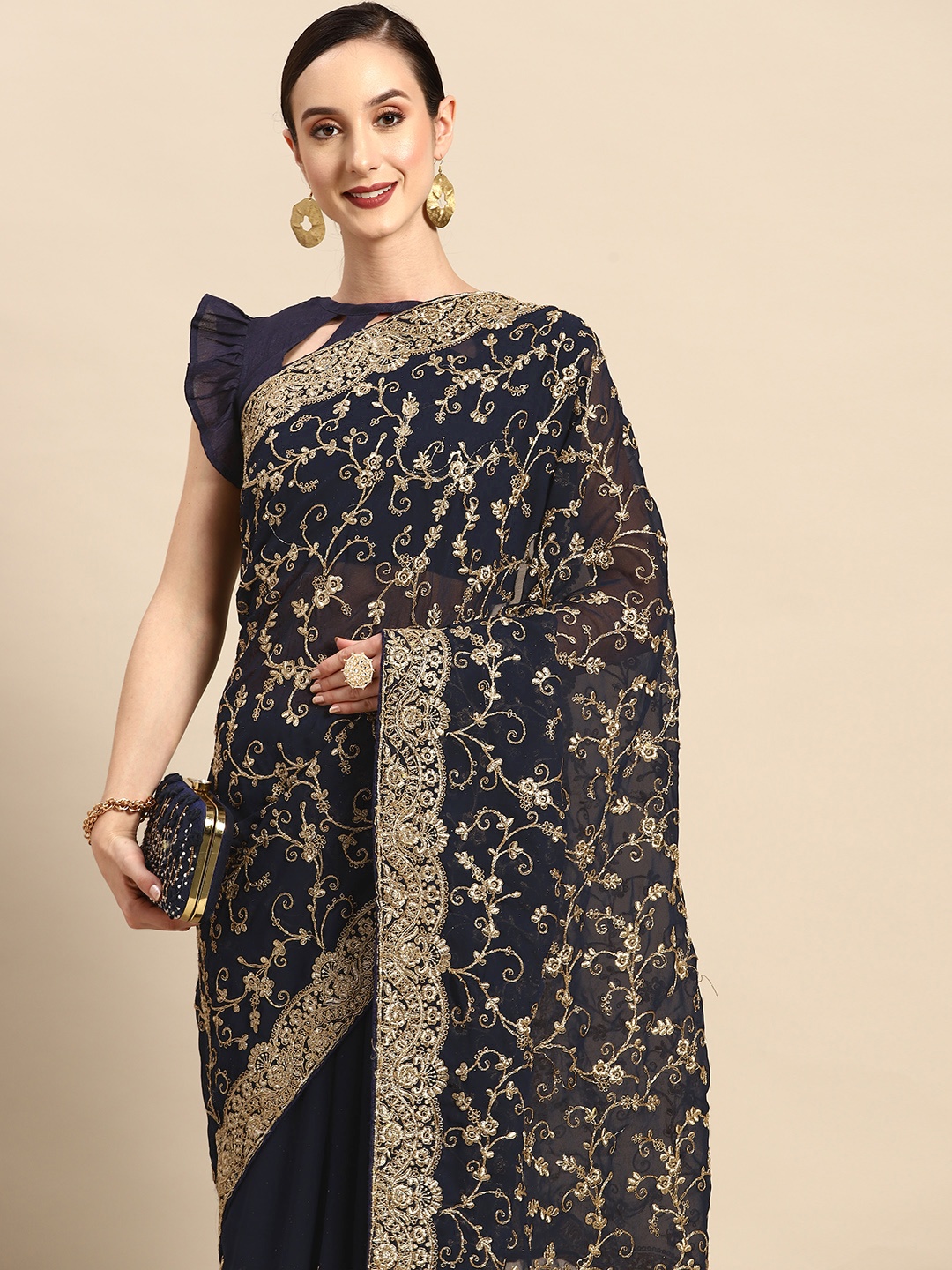 

Tikhi Imli Floral Beads and Stones Saree, Navy blue
