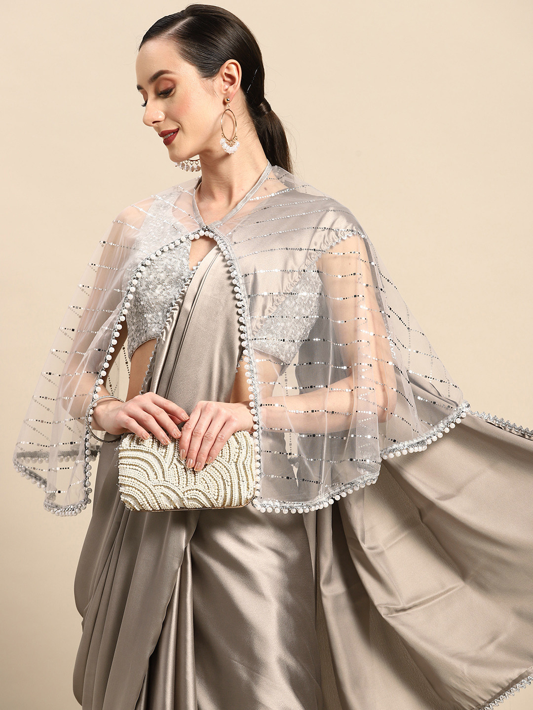 

Tikhi Imli Embroidered Satin Saree with Embroidered Jacket, Grey