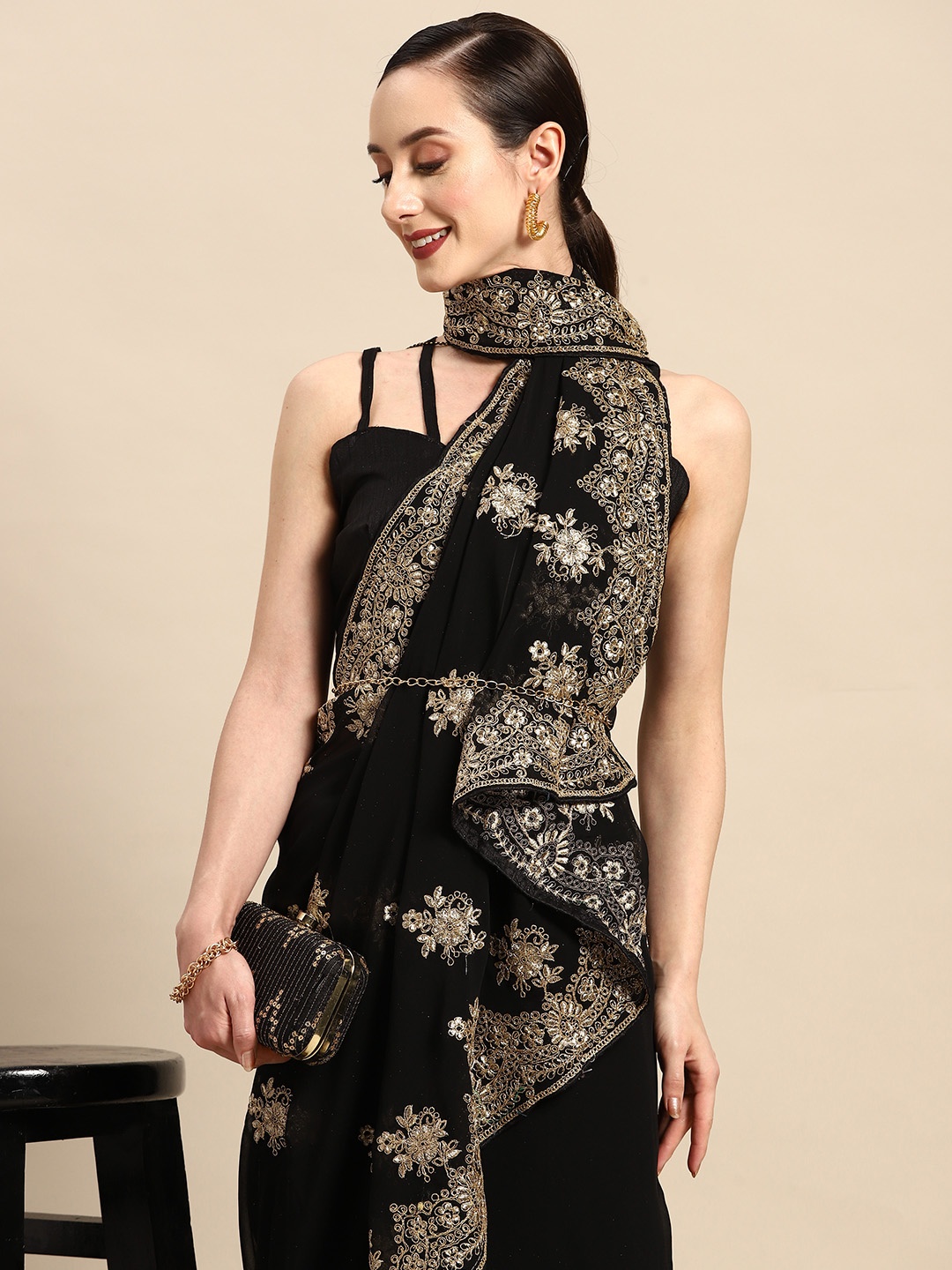 

Tikhi Imli Floral Embroidered Saree, Black