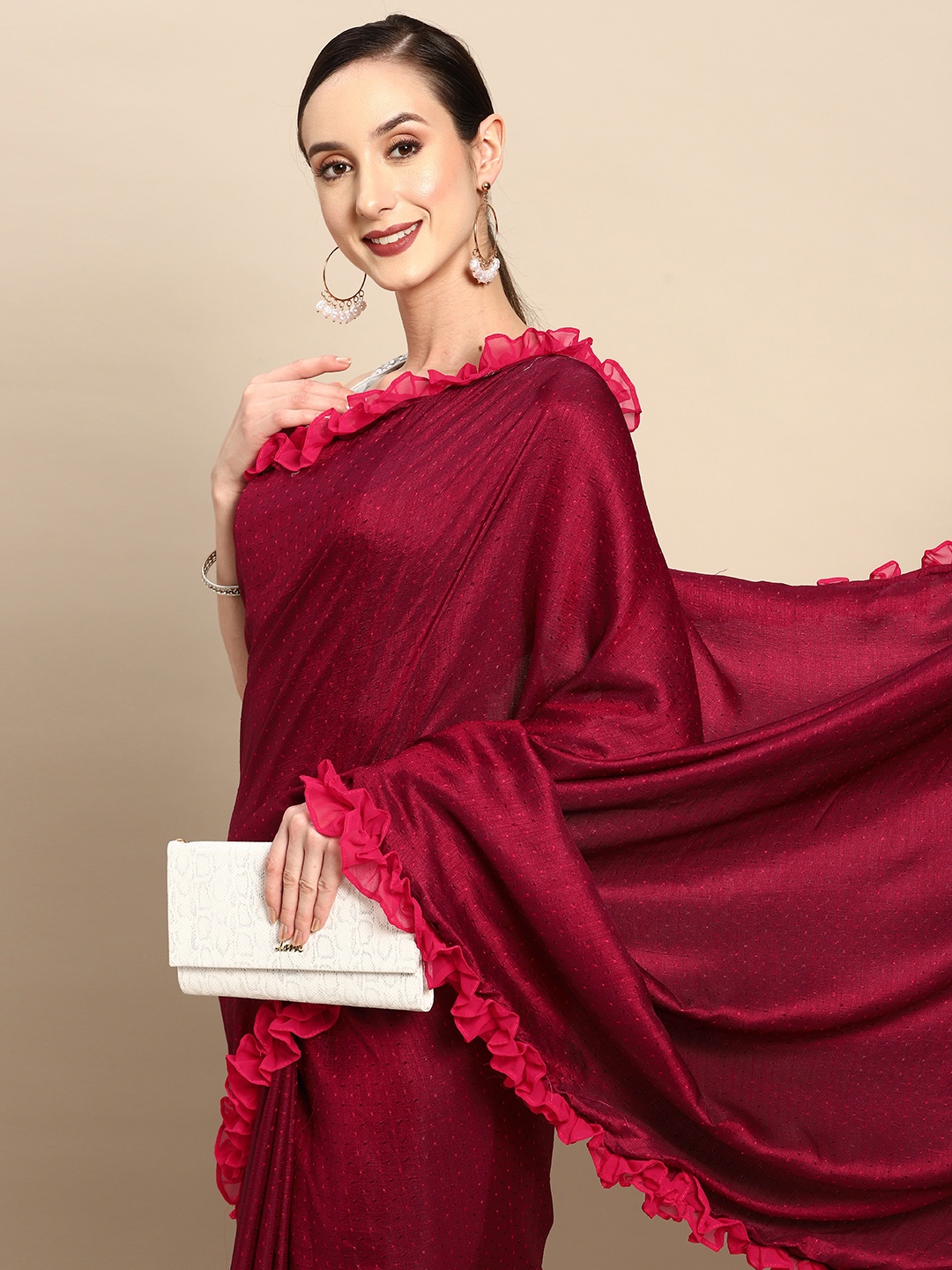 

Tikhi Imli Woven Design Saree with Frills, Magenta