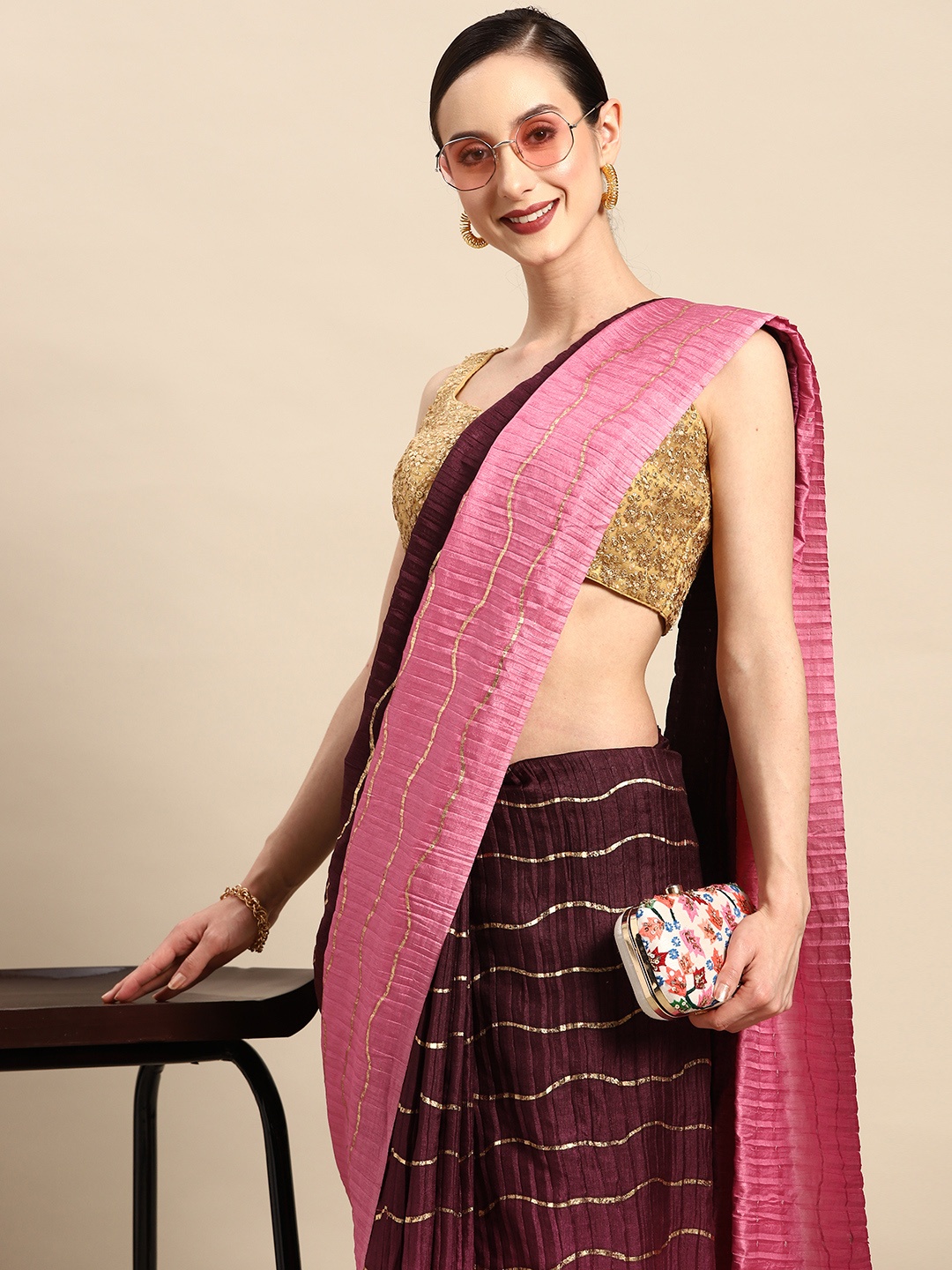 

Tikhi Imli Pleated Ombre Saree with Foil Leheriya, Burgundy