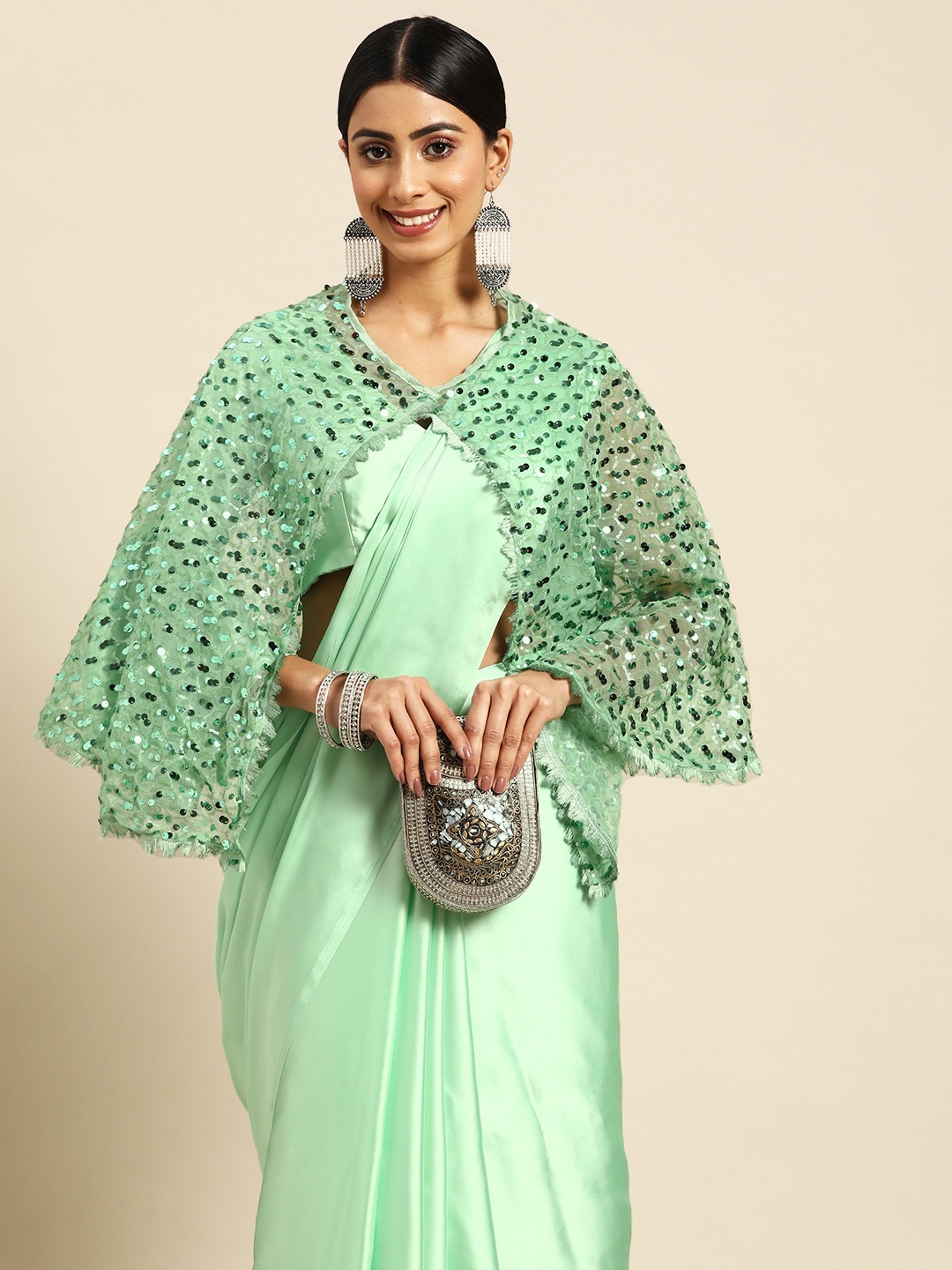 

Tikhi Imli Satin Saree with Embroidered Jacket, Sea green