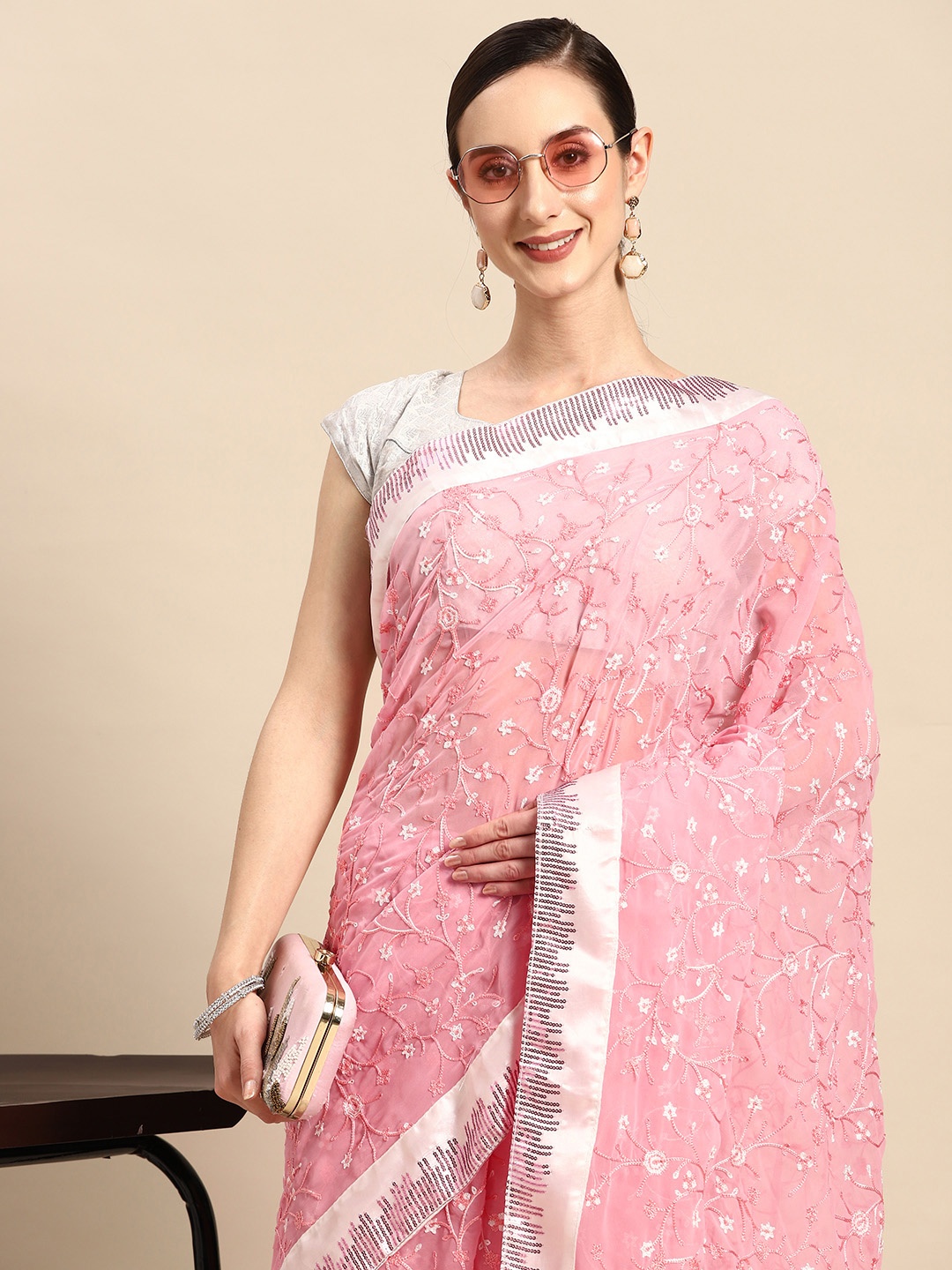 

Tikhi Imli Sequinned Embroidered Organza Saree, Pink