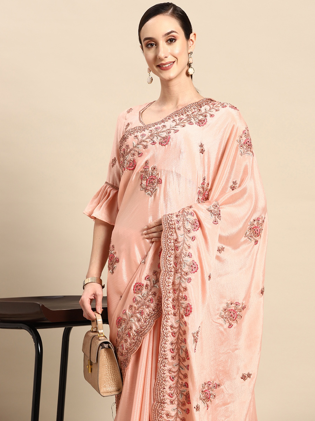 

Tikhi Imli Floral Embroidered Satin Saree, Pink