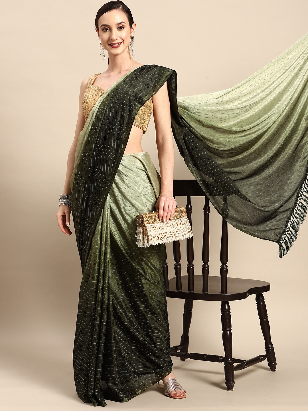 

Tikhi Imli Embellished Sequinned Saree, Olive