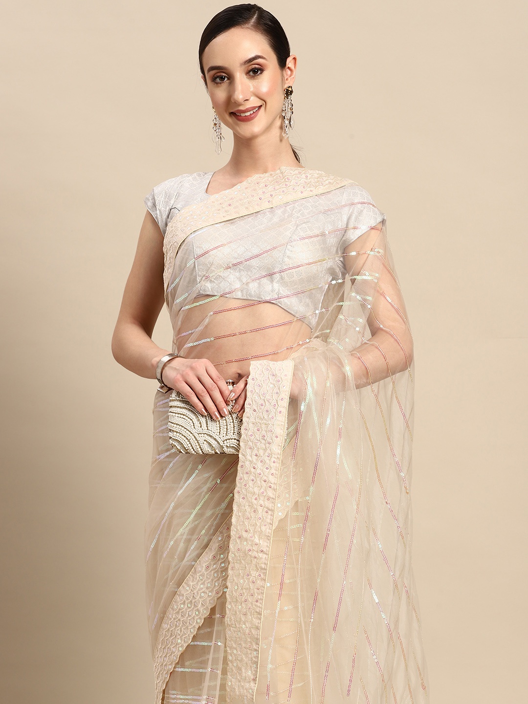 

Tikhi Imli Striped Sequinned Net Saree, Off white