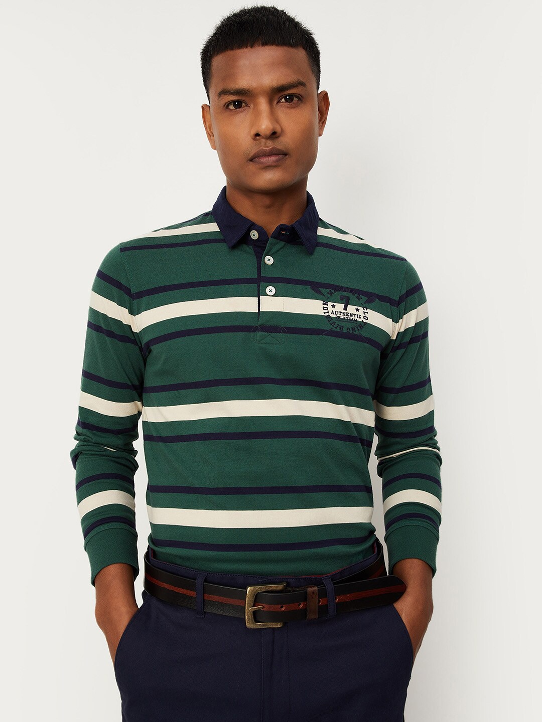 

max Men Green Striped Polo Collar Cotton T-shirt