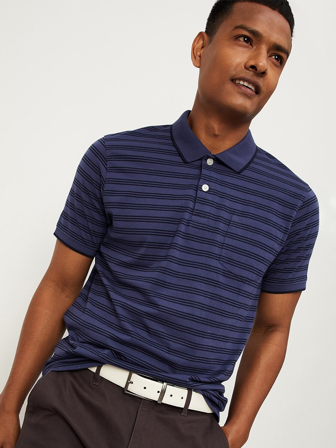 

max Men Blue Striped Polo Collar Cotton T-shirt