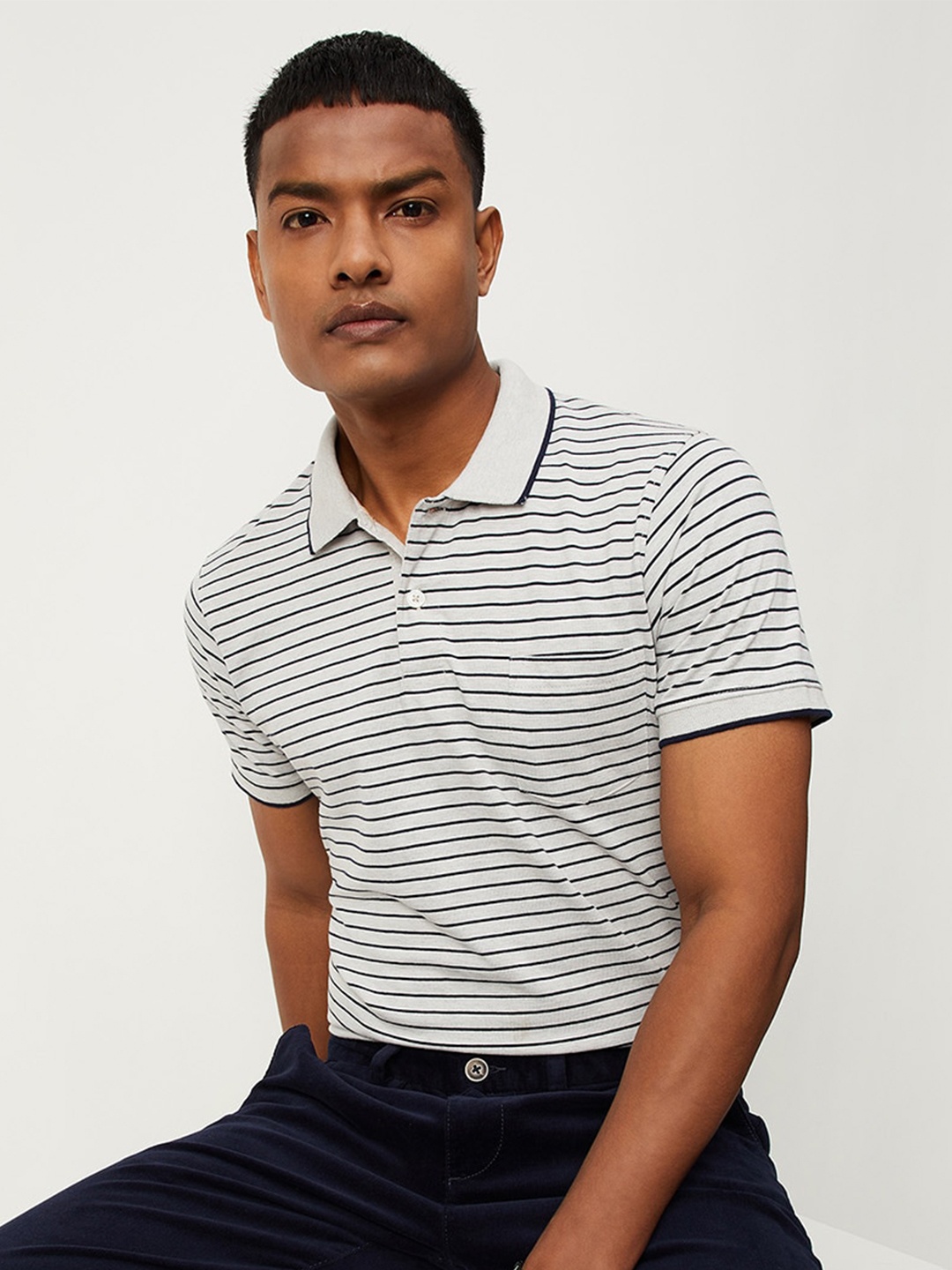 

max Men White Striped Polo Collar Cotton T-shirt