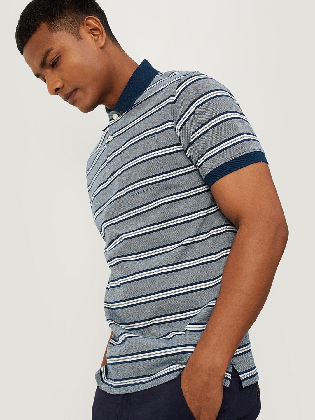 

max Men Teal Striped Polo Collar Cotton T-shirt