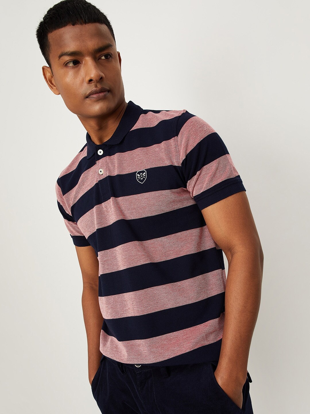 

max Men Navy Blue Striped Polo Collar Cotton T-shirt