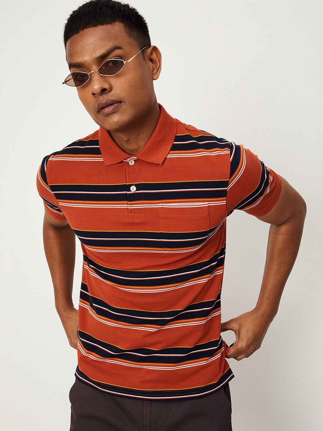 

max Men Rust Striped Polo Collar Cotton T-shirt