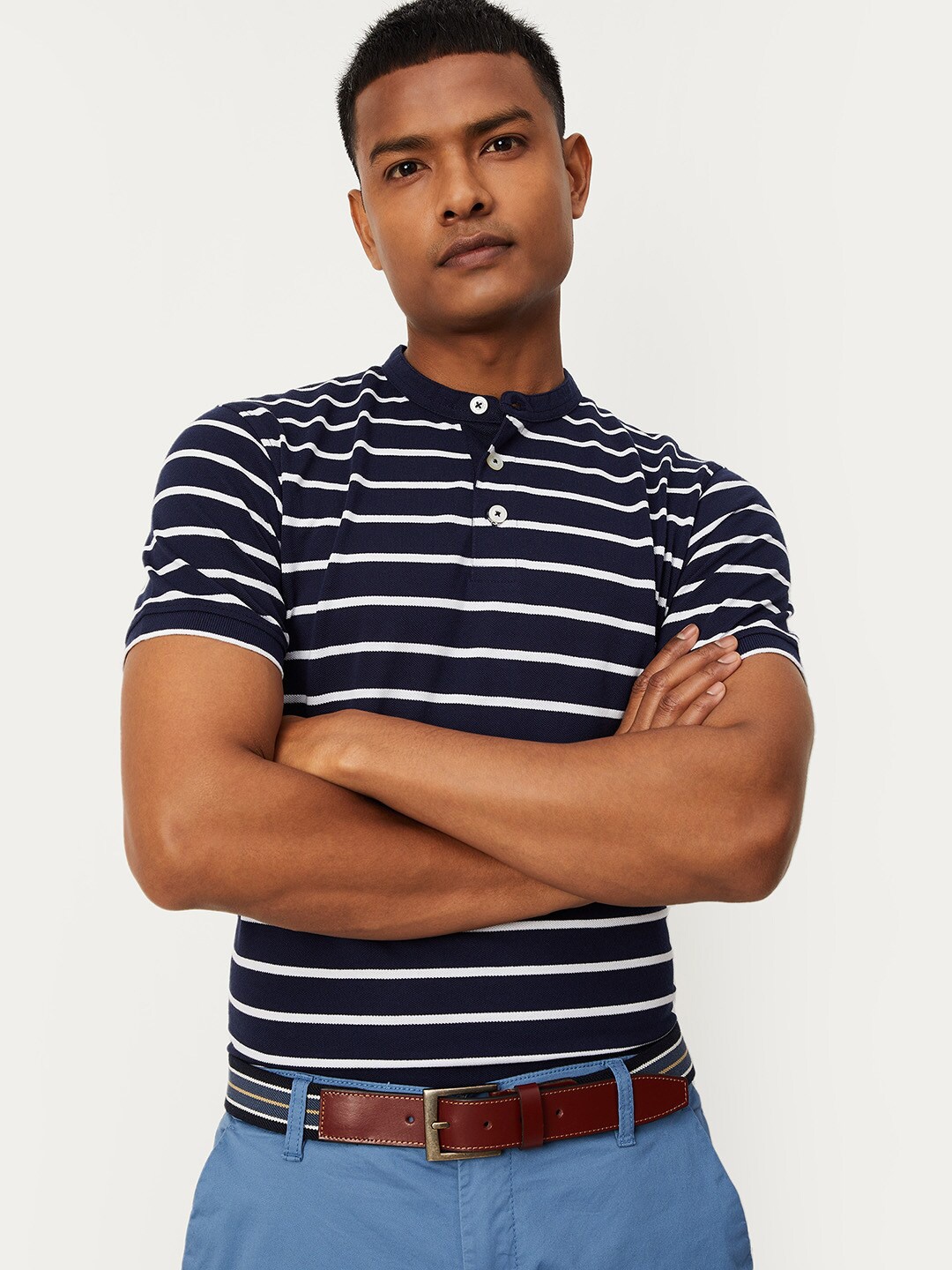 

max Men Blue Striped Cotton T-shirt
