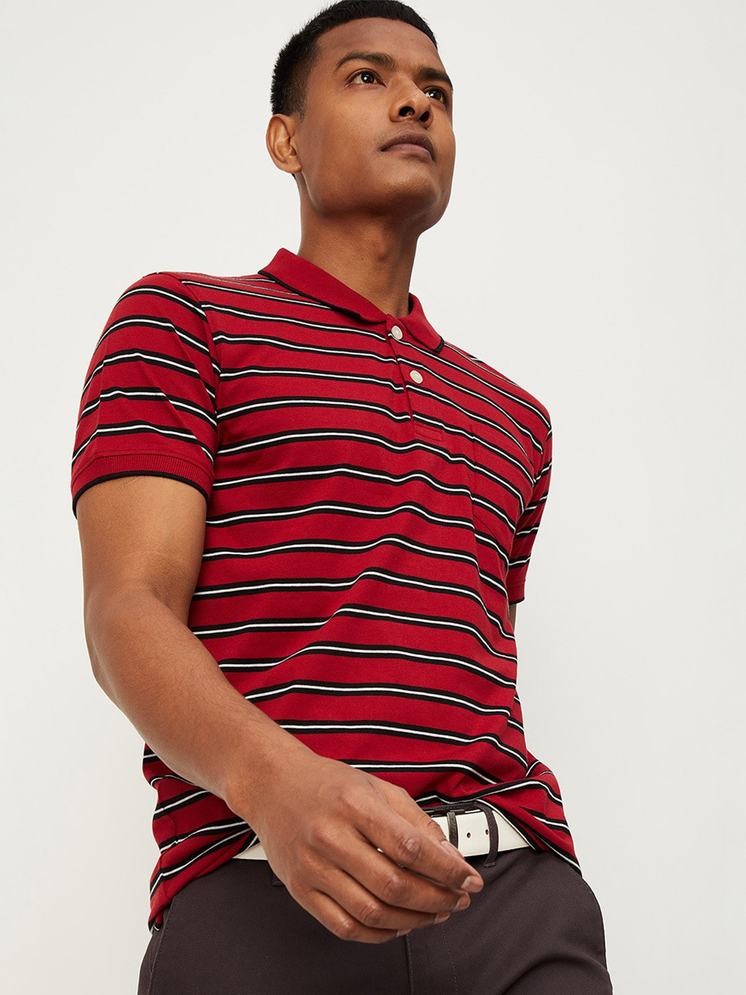 

max Men Maroon Striped Polo Collar Cotton T-shirt