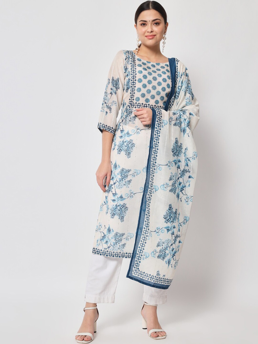 

Sitaram Designer Women Cream Floral Printed Kurta With Trousers & Dupatta