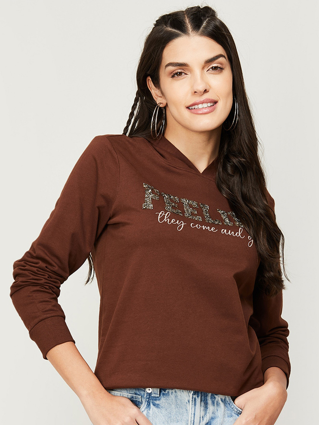

Ginger by Lifestyle Women Brown Printed Cotton Hooded Sweatshirt