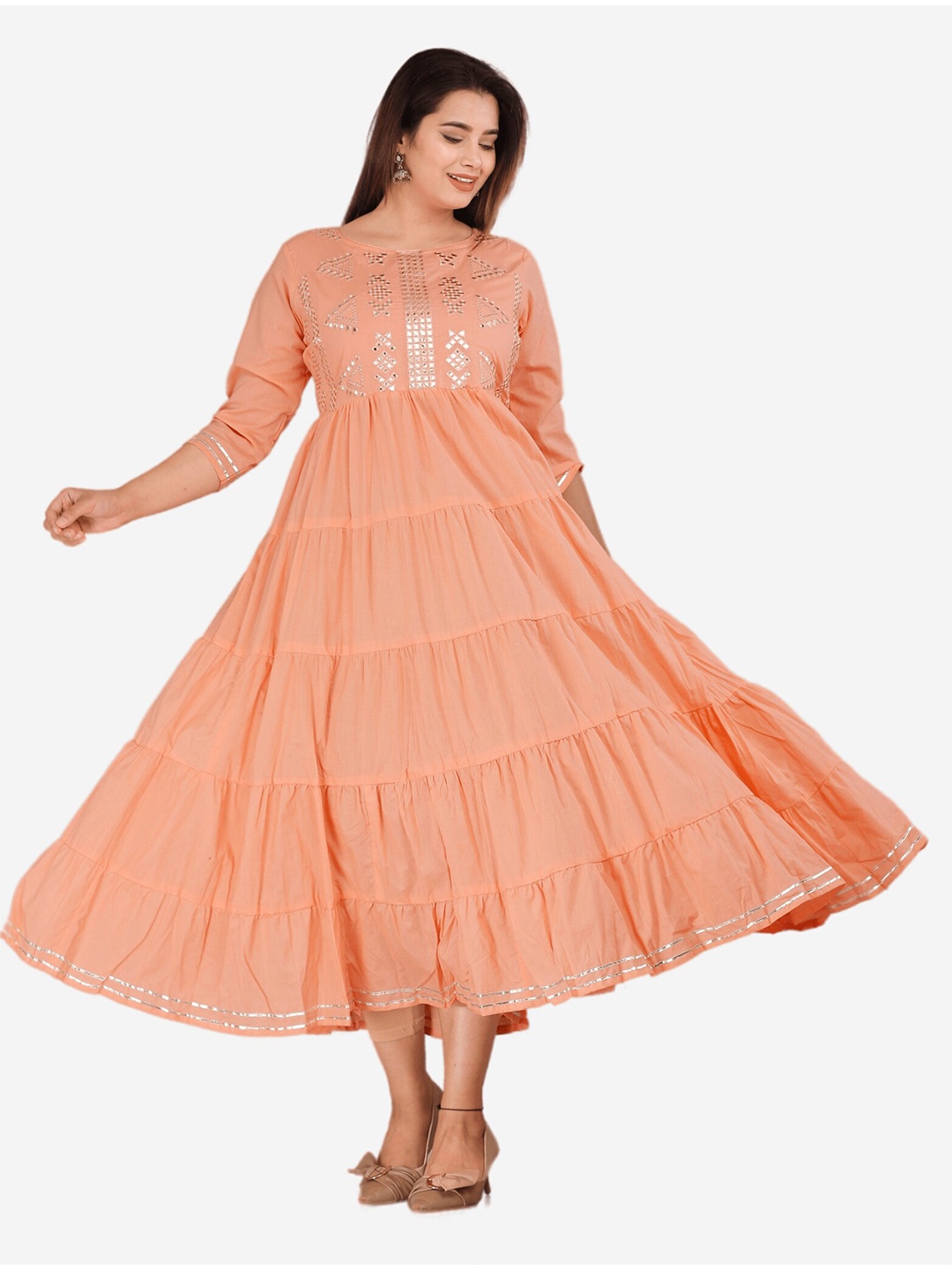 

KALINI Peach-Coloured Embellished Fit & Flare Maxi Dress