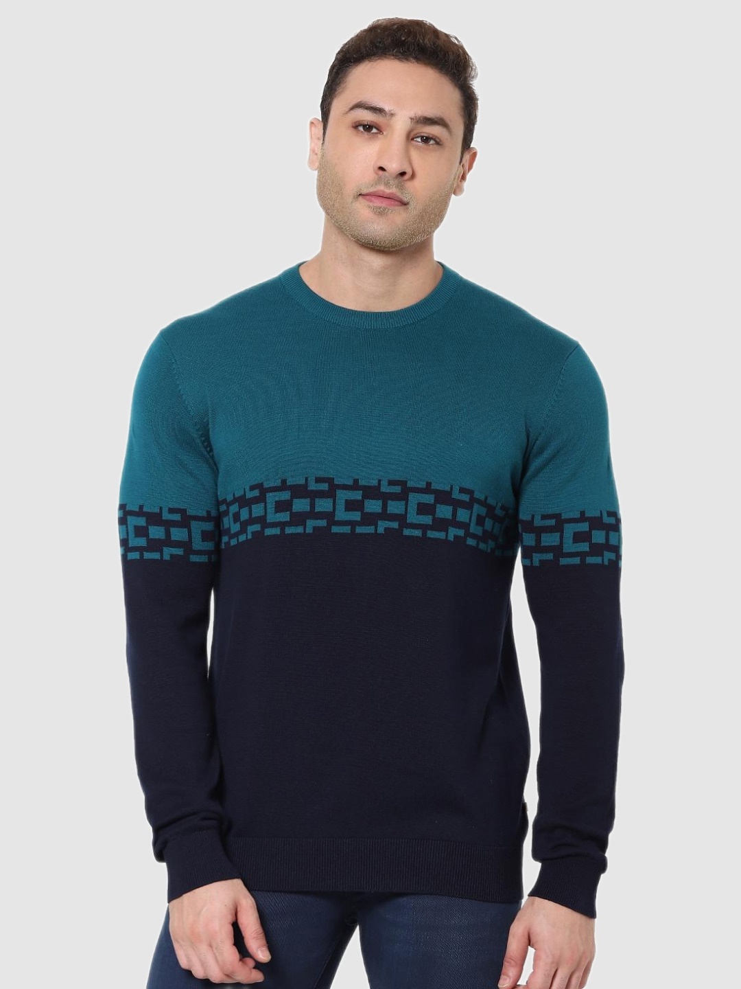 

Celio Men Navy Blue & Blue Colourblocked Cotton Pullover