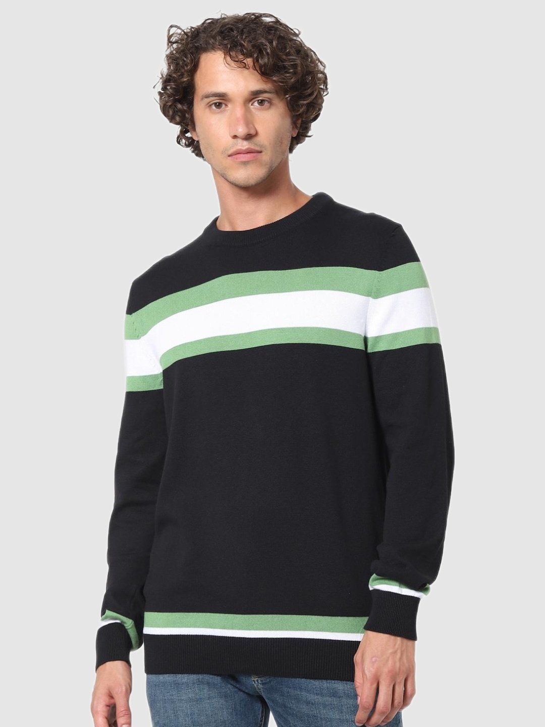 

Celio Men Black & Green Striped Cotton Pullover
