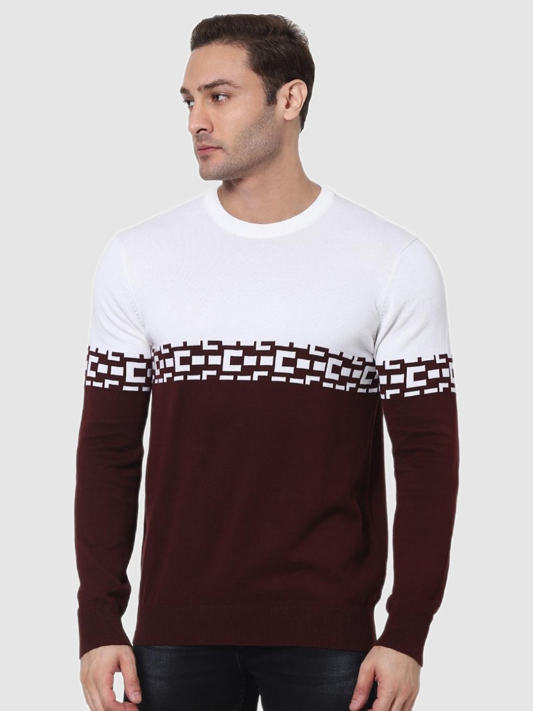 

Celio Men Maroon & White Colourblocked Cotton Pullover