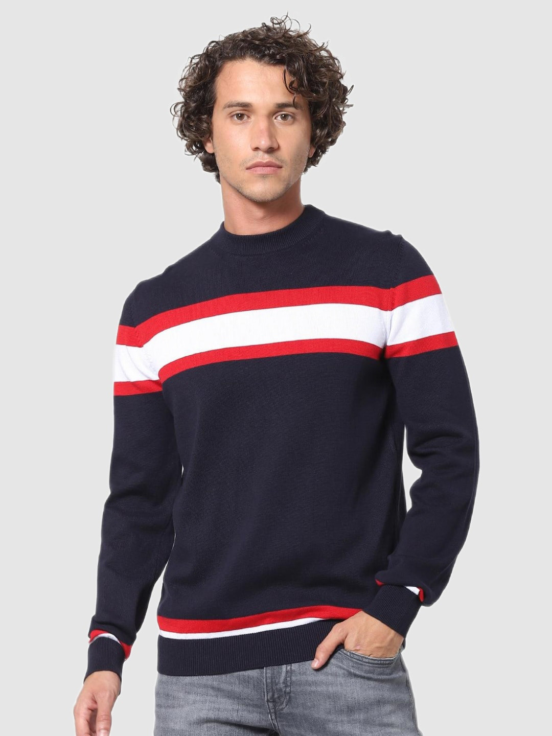 

Celio Men Navy Blue & White Striped Cotton Pullover