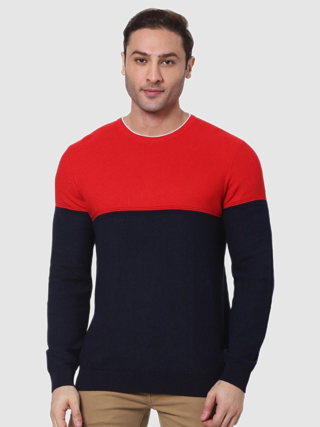 

Celio Men Navy Blue & Red Colourblocked Cotton Pullover