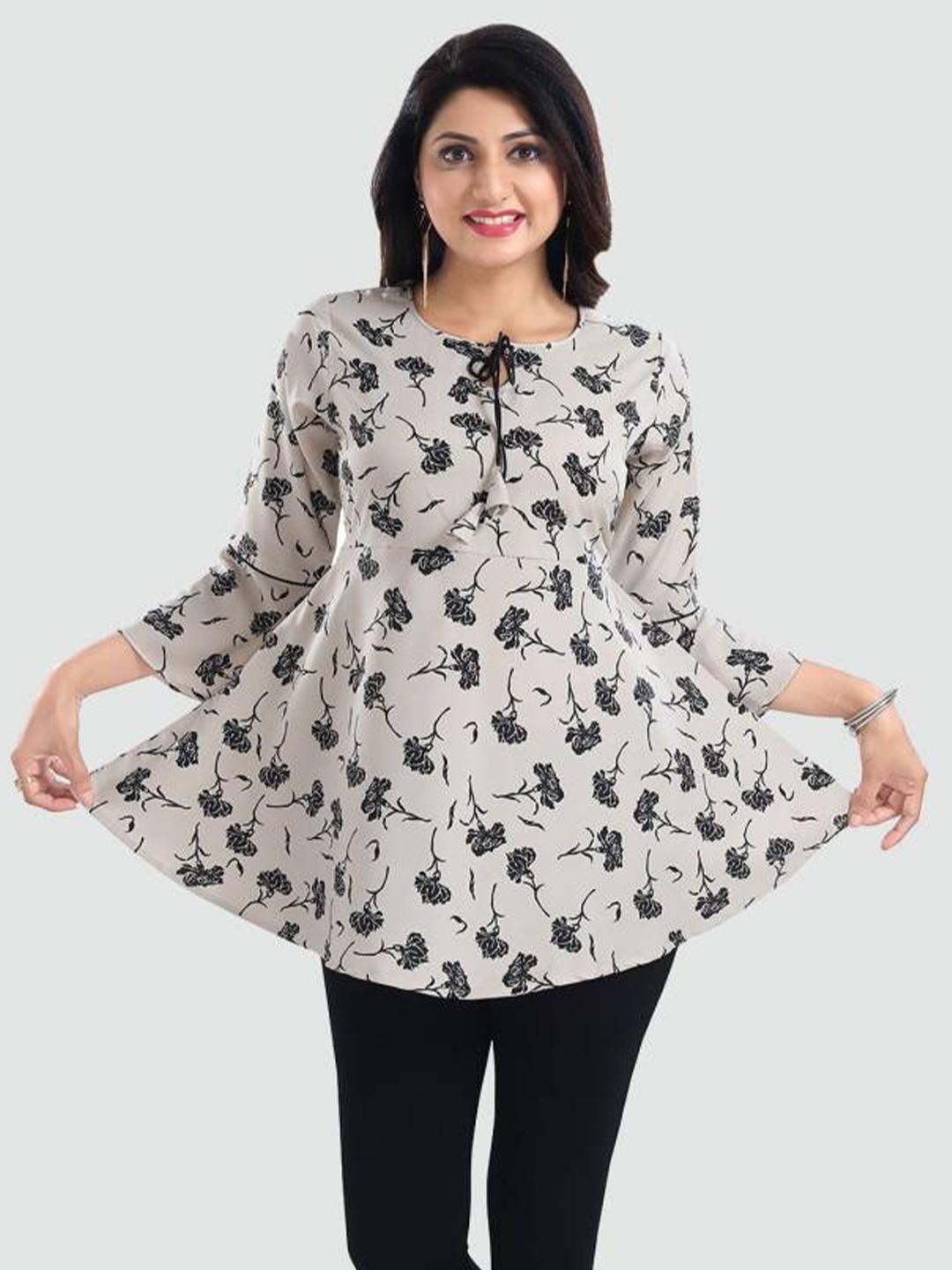 

La Aimee Grey Floral Print Tie-Up Neck Top