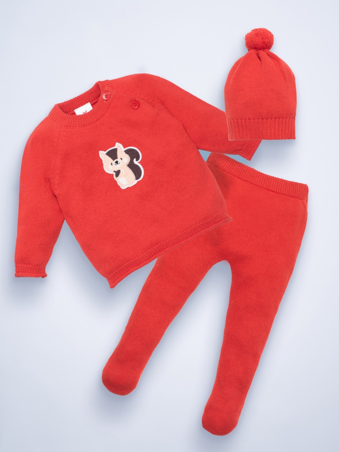 

Mylo Unisex Baby Full Sleeves Sweater & Footed Pant Set with Cap, Red
