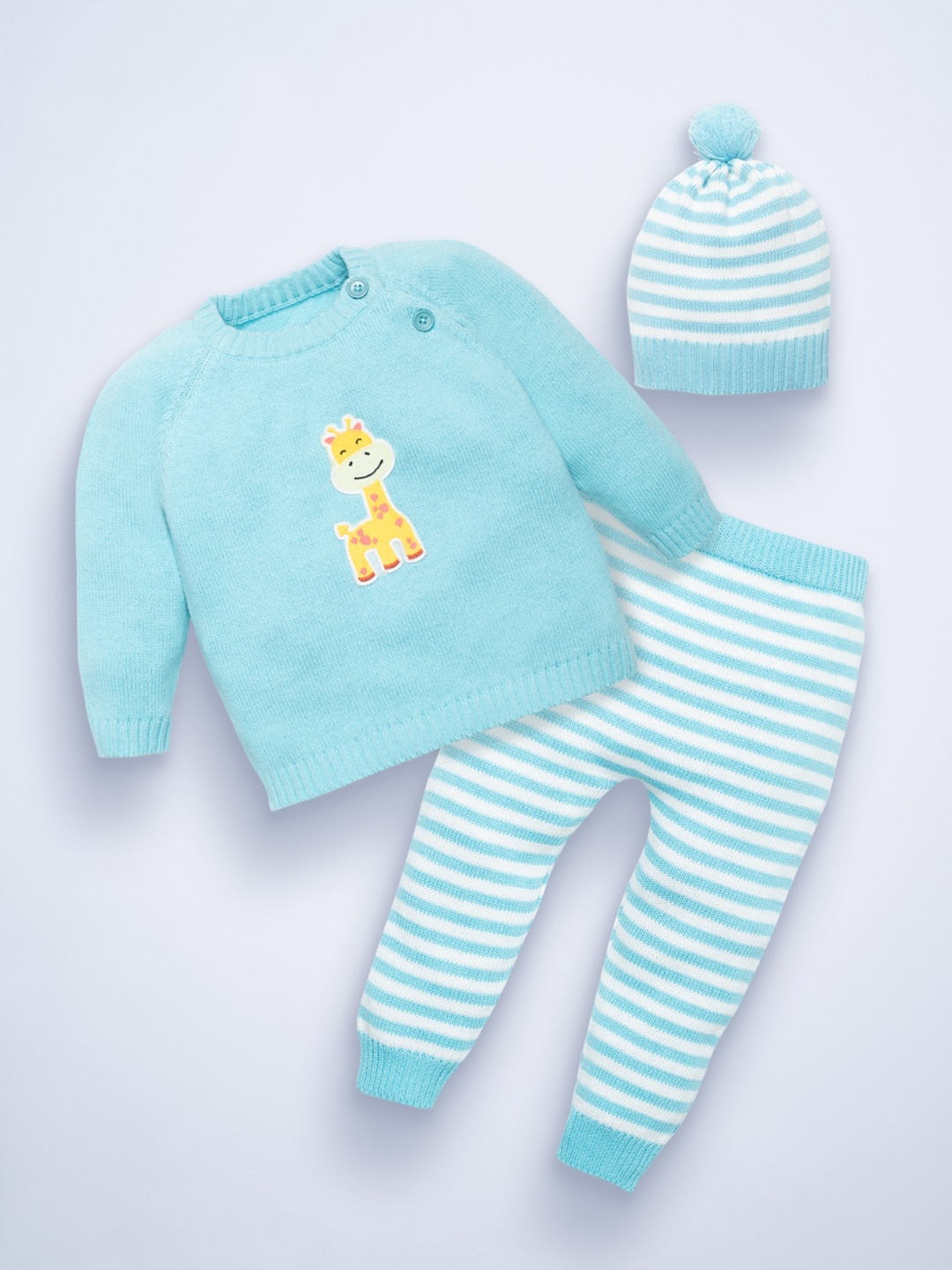 

MYLO ESSENTIALS Unisex Baby Full Sleeves Sweater & Stripe Pant Set with Cap, Blue