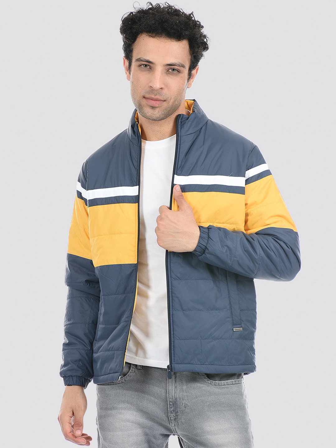 

Cloak & Decker by Monte Carlo Men Blue & Mustard Striped Open Front Jacket