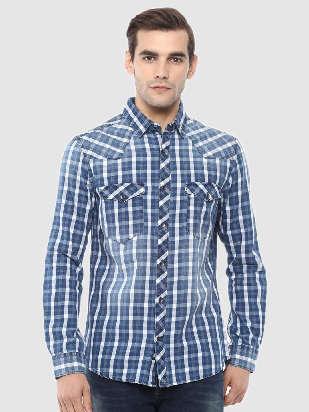 

Celio Men Classic Checked Cotton Casual Shirt, Blue