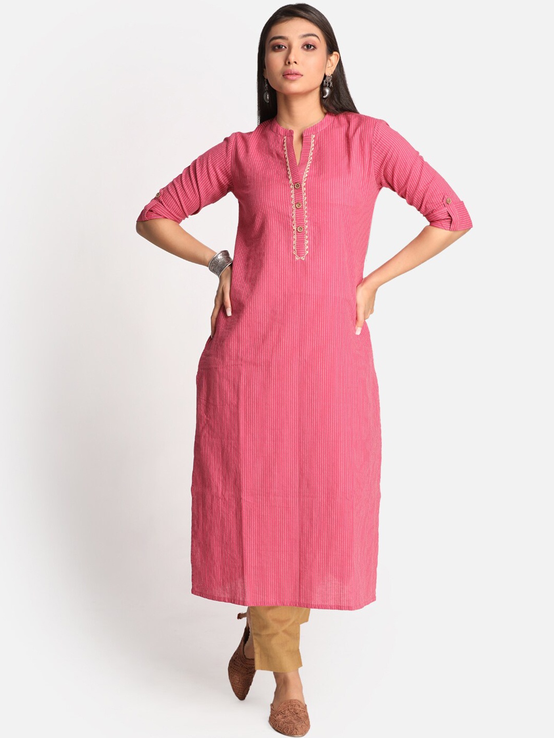 

Earthwear Women Pink Cotton Striped Thread Work Kurta