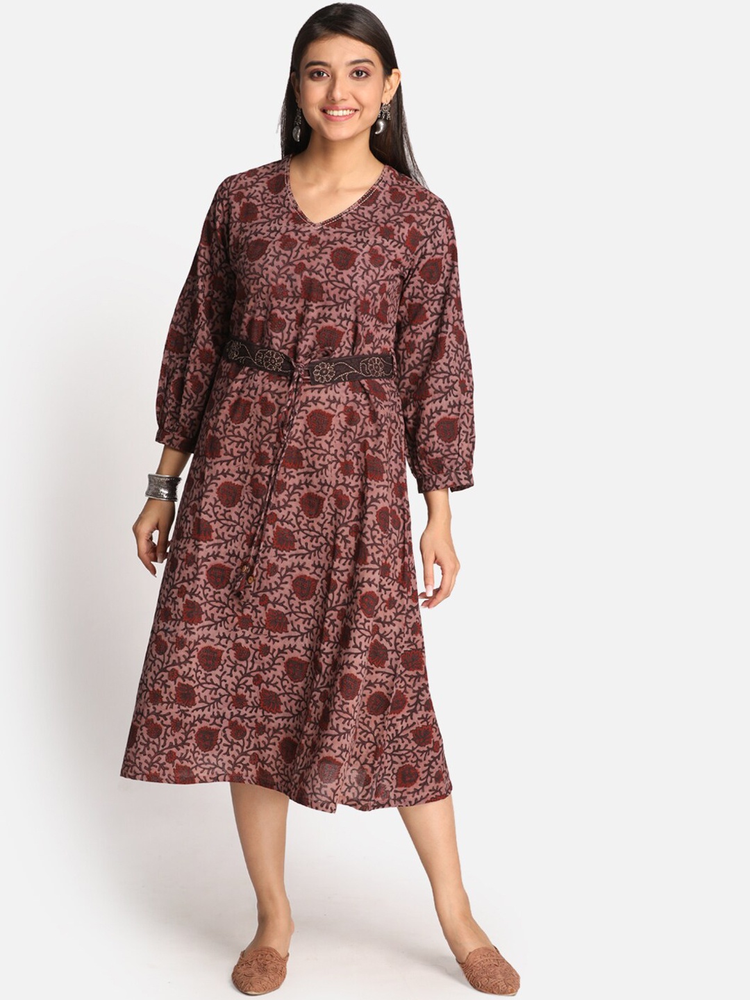 

Earthwear Maroon Floral A-Line Pure Cotton Dress
