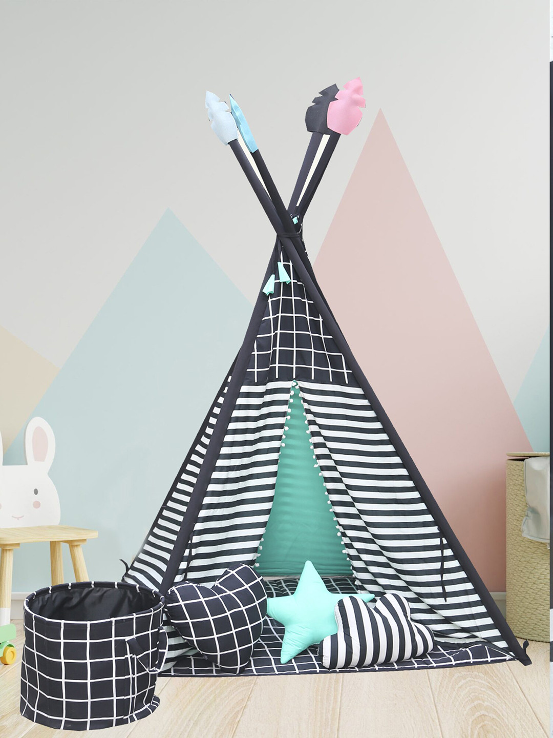 

My Gift Booth Black Outdoor and Indoor Striped Storage Teepee Tent