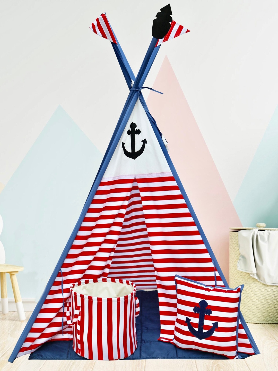 

My Gift Booth Red Striped Teppee Tent With Navy Blue Mat