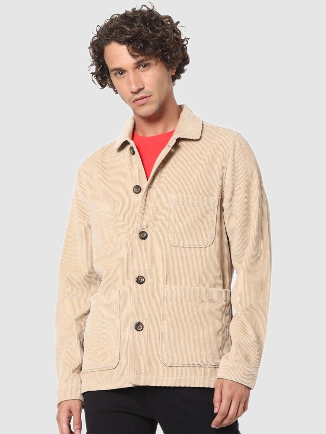 

Celio Men Beige Solid Cotton Long Sleeves Tailored Jacket