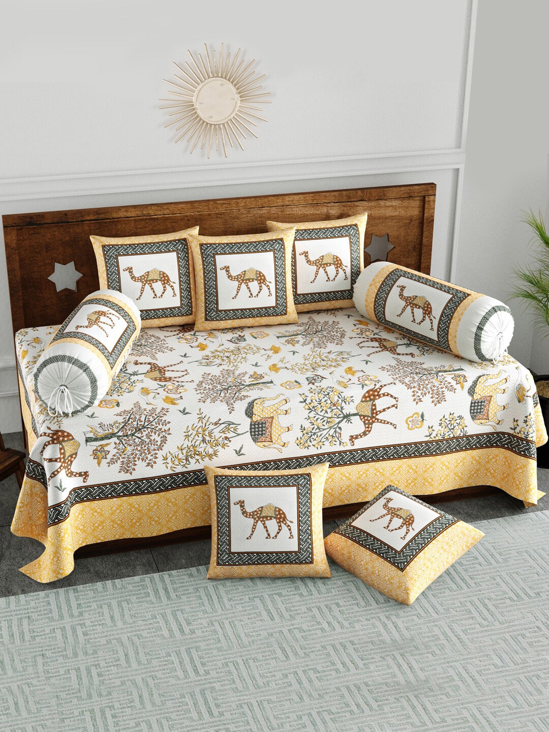 

BLOCKS OF INDIA Set Of 8 Yellow & White Printed Cotton Diwan Set