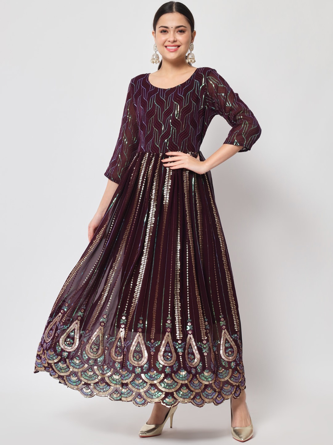 

Sitaram Designer Burgundy Embellished Maxi Fit & Flare Dress