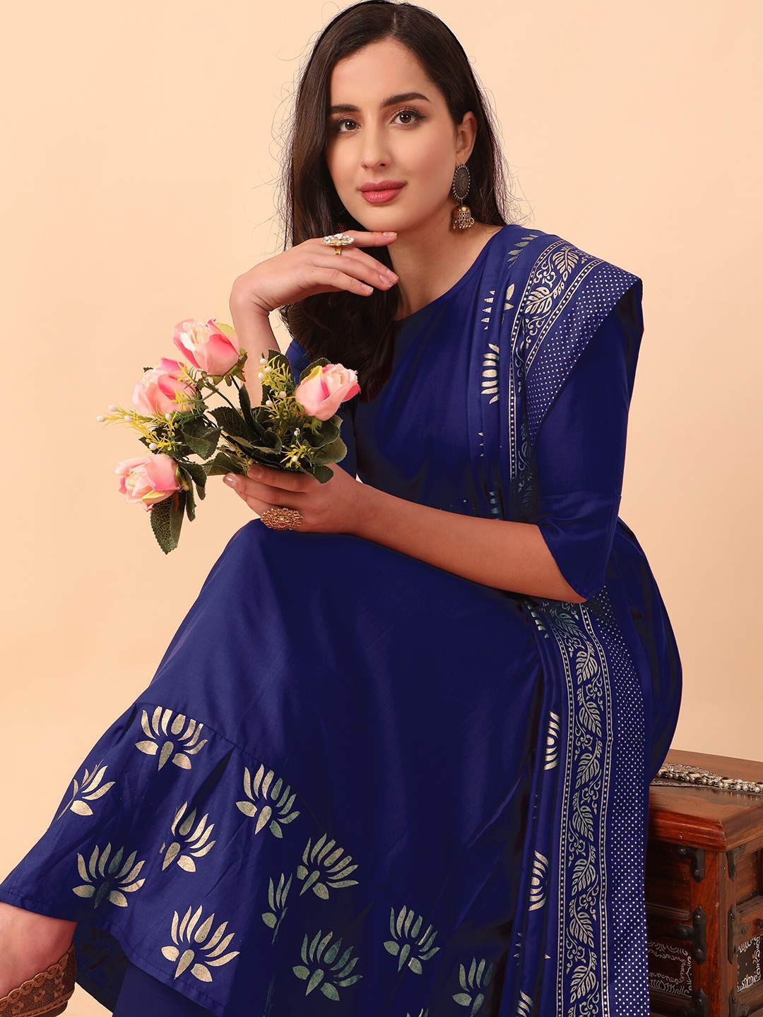 

KALINI Floral Printed A-Line Kurta, Navy blue