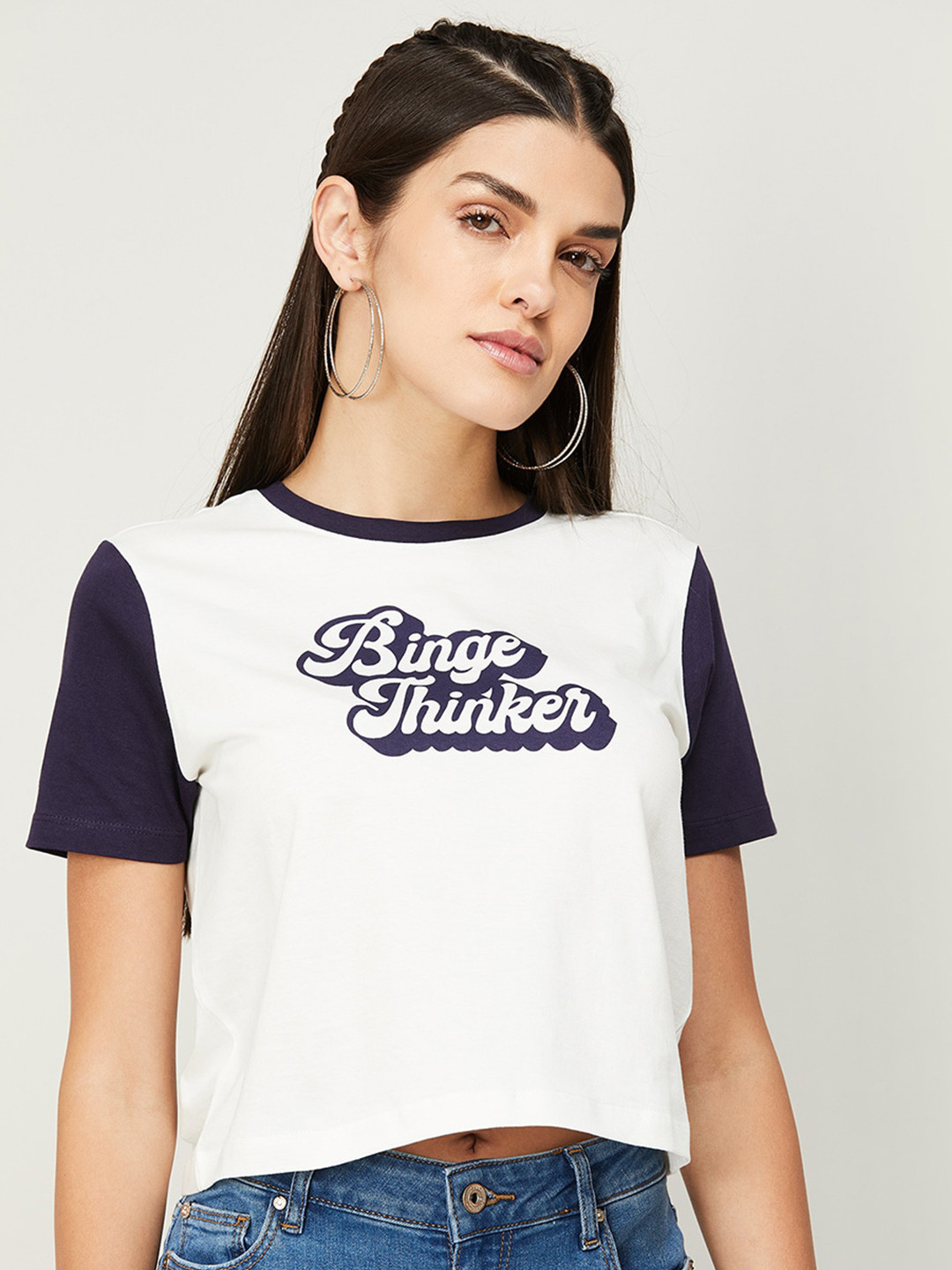 

Ginger by Lifestyle Women Blue & White Typography Printed Cotton T-shirt
